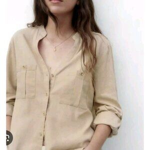 Zara linen button front down shirt Small  beige vneck  4387 056